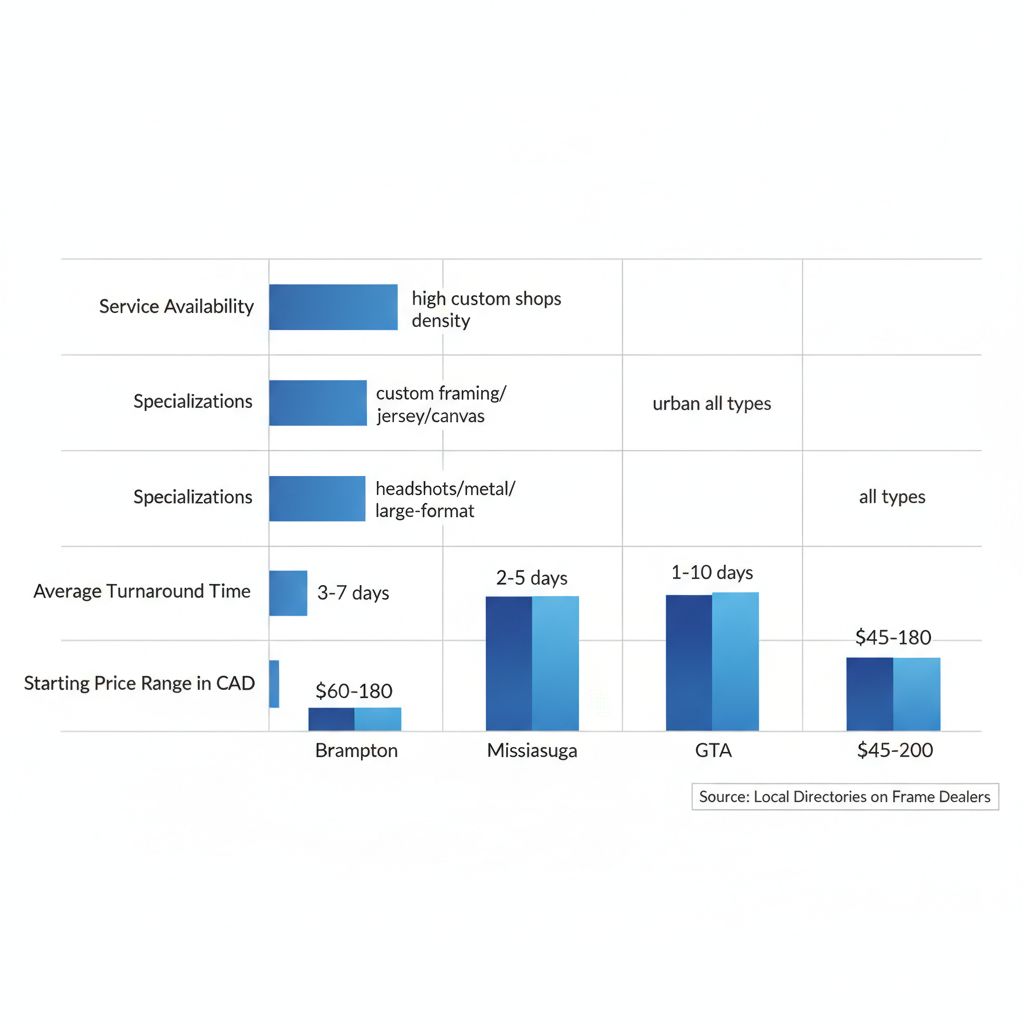 Bar chart comparing picture framing services in Brampton, Mississauga, and Greater Toronto Area across availability, specializations, turnaround, and pricing.