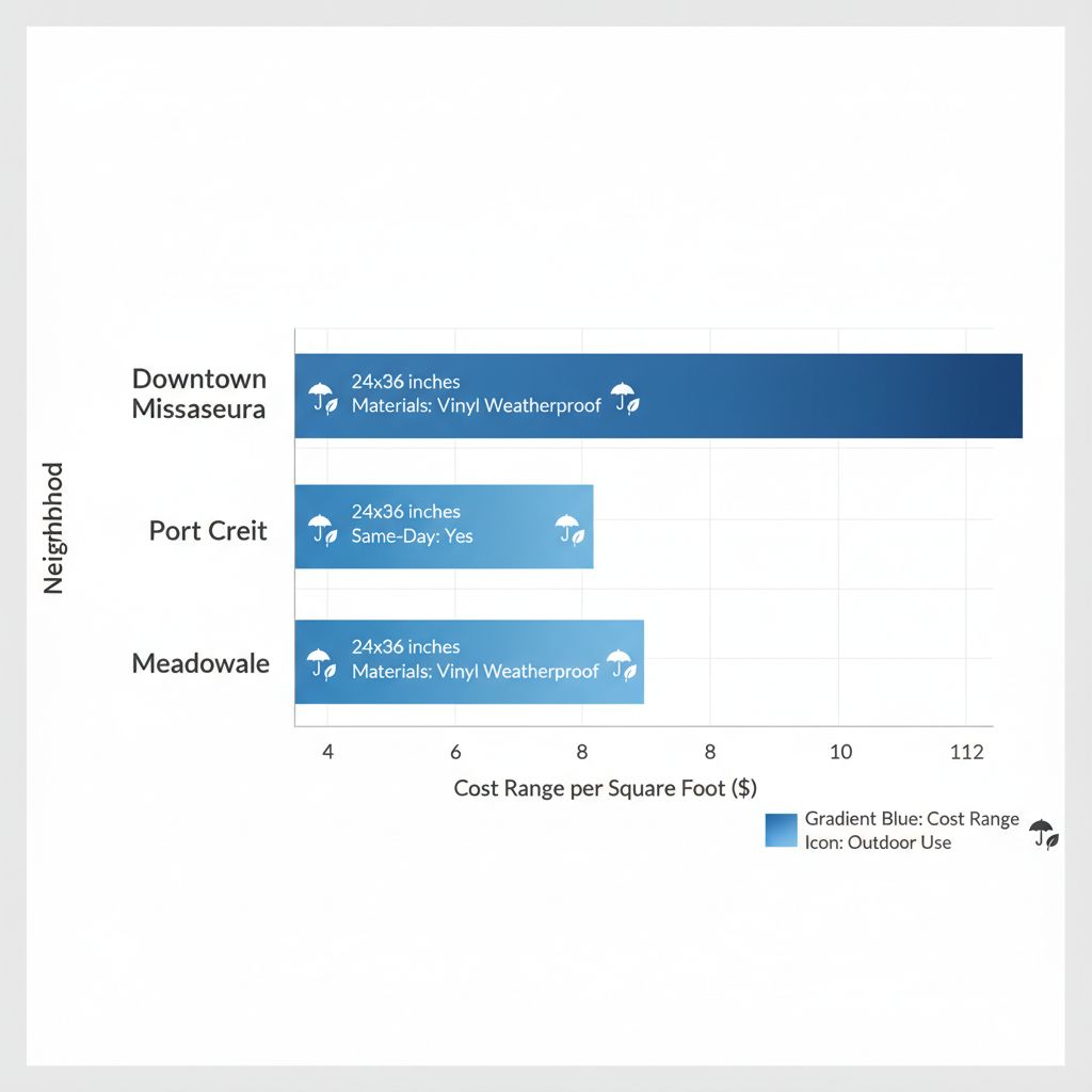 Horizontal bar chart comparing poster printing costs and options across three Mississauga neighborhoods: Downtown, Port Credit, and Meadowvale, showing price ranges, sizes, availability, and materials.