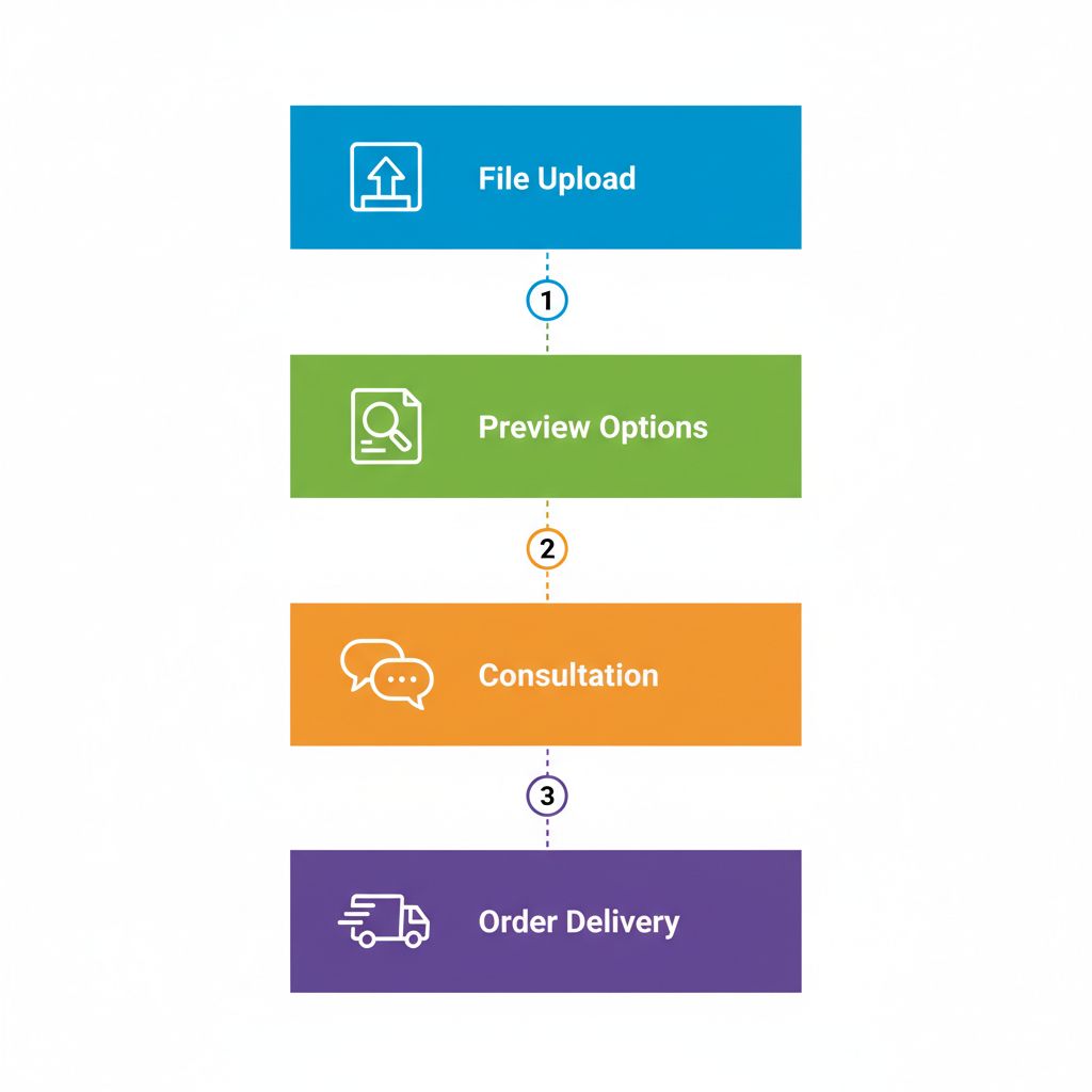 Vertical process flow diagram showing four steps for starting a poster printing project: file upload, preview and select options, consultation, and order confirmation with delivery.