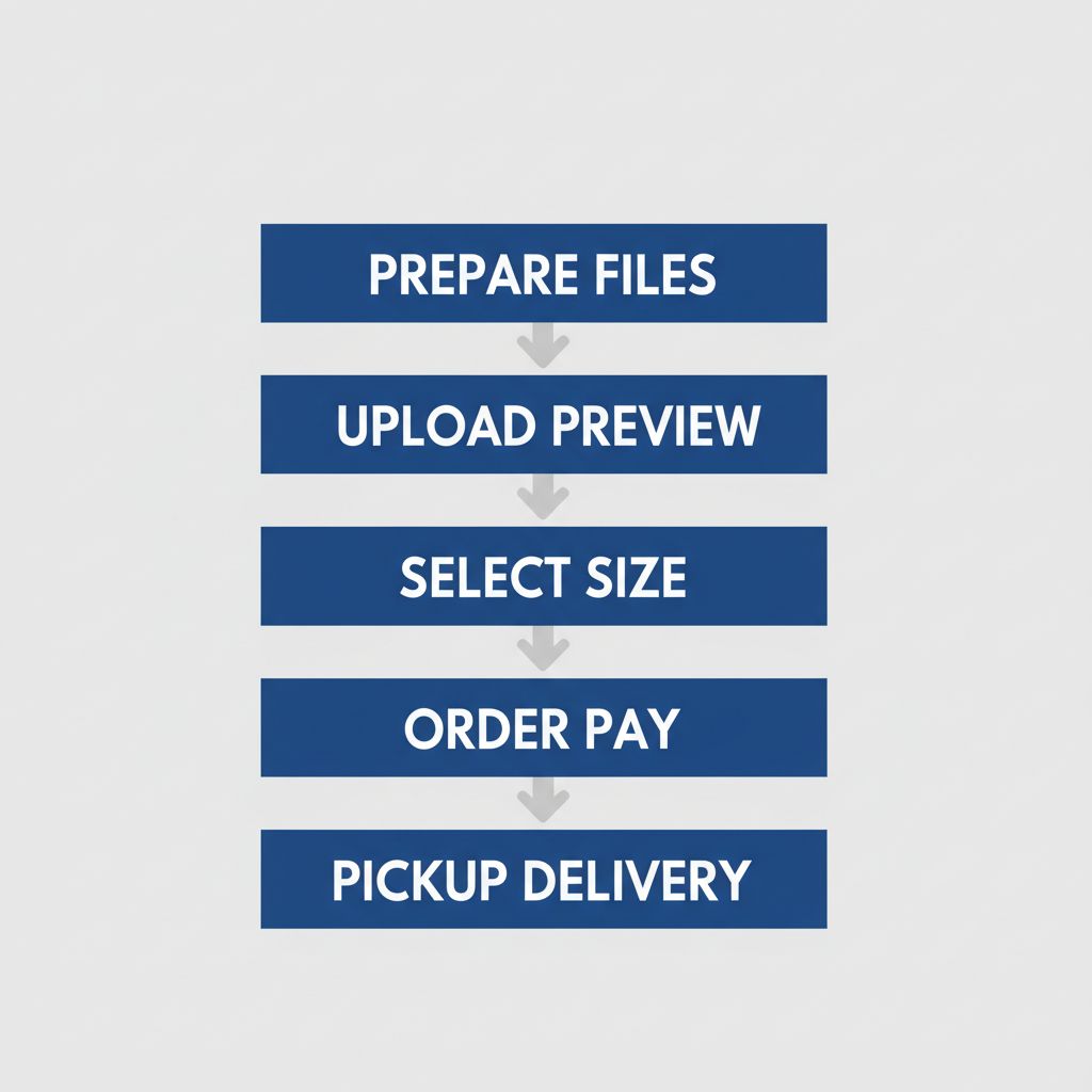 Vertical process flow diagram showing five steps for poster printing in Brampton: preparing files, uploading and previewing, selecting size and material, ordering and paying, and picking up or delivery.