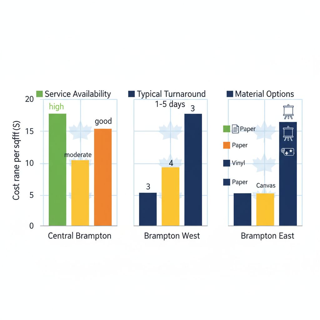 Bar chart comparing poster printing costs, availability, turnaround, and materials across Brampton neighborhoods