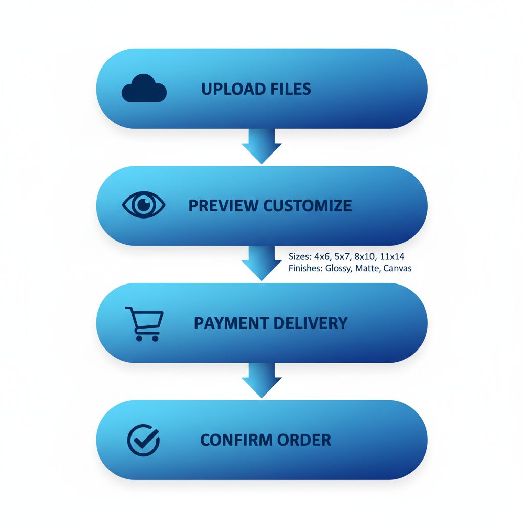 Vertical process flow diagram illustrating four steps to order photo prints in Mississauga
