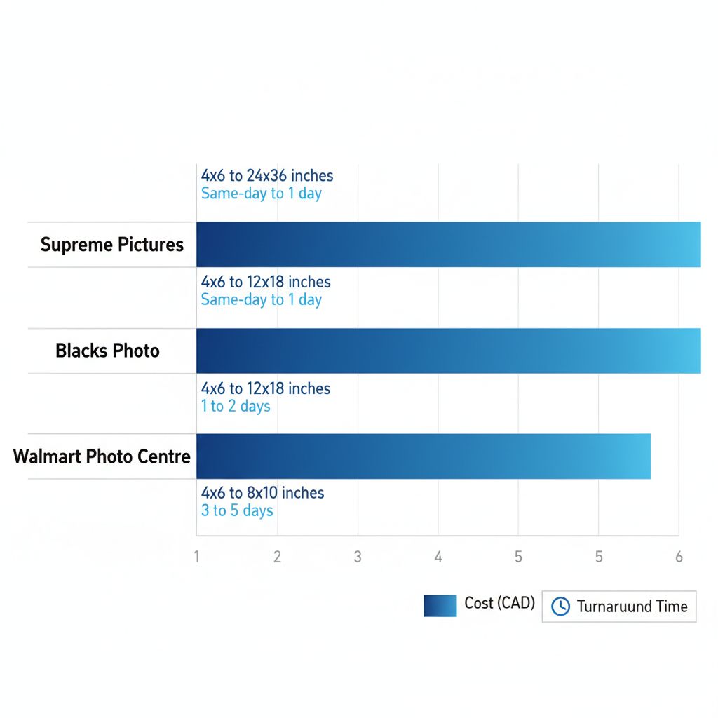 Horizontal bar chart comparing costs and turnaround times for photo printing at Supreme Pictures, Blacks Photo, and Walmart Photo Centre in Mississauga.