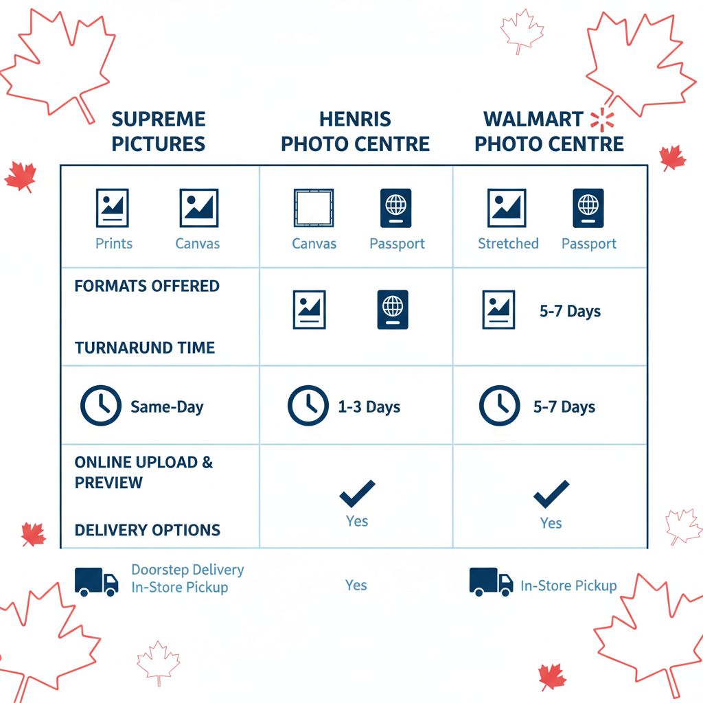 Infographic comparing photo printing services including formats, turnaround times, online features, and delivery options for providers in Mississauga