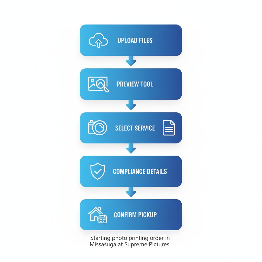 Vertical process flow diagram illustrating five steps to start a photo printing order in Mississauga