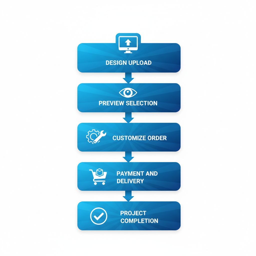 Vertical process flow diagram showing five steps for starting a poster printing project in Brampton
