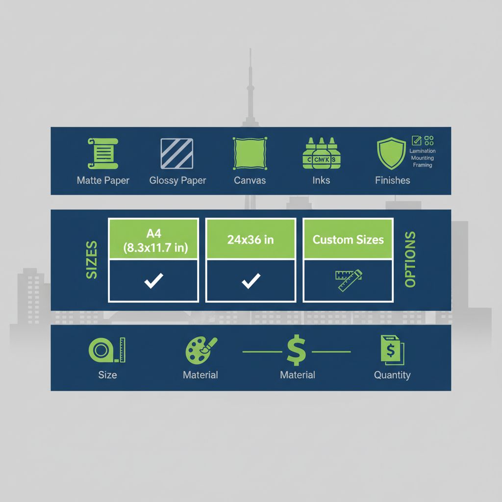 Landscape infographic outlining materials, sizes, customization options, and cost factors for custom poster printing in Toronto