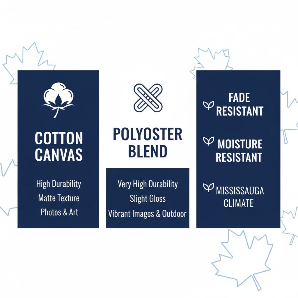 Infographic comparing cotton canvas, polyester blend, and benefits for durable printing in Mississauga climate