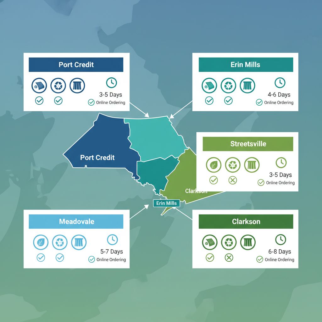 Infographic map showing custom wallpaper material options, lead times, and online availability across five Mississauga neighborhoods.