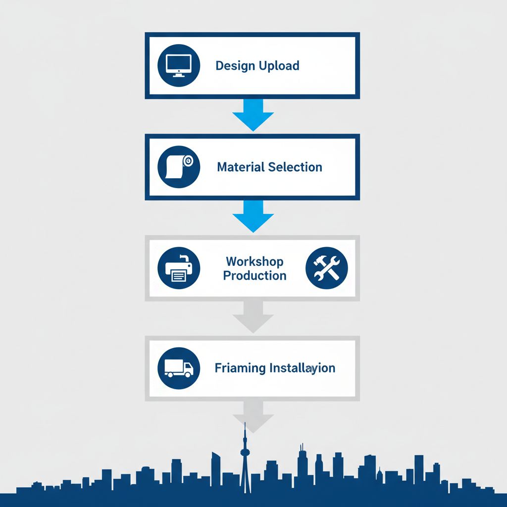 Process flow diagram for custom wallpaper service at Supreme Pictures, showing five vertical steps from design upload to delivery with icons and Mississauga skyline.