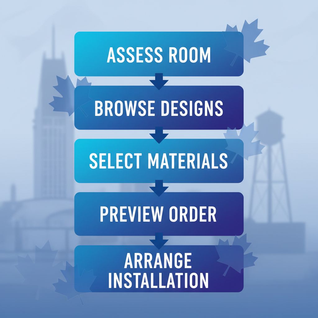 Vertical process flow diagram showing five steps to order custom wallpaper in Brampton: assess and measure room, browse or upload designs, select materials, preview and order, arrange installation.