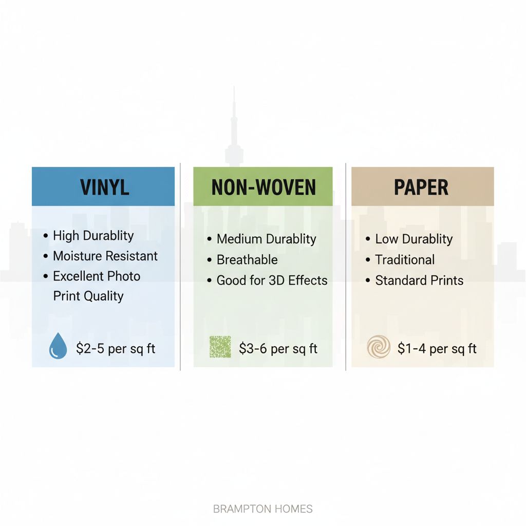 Infographic comparing vinyl, non-woven, and paper wallpaper materials for Brampton homes with features, prices, and icons