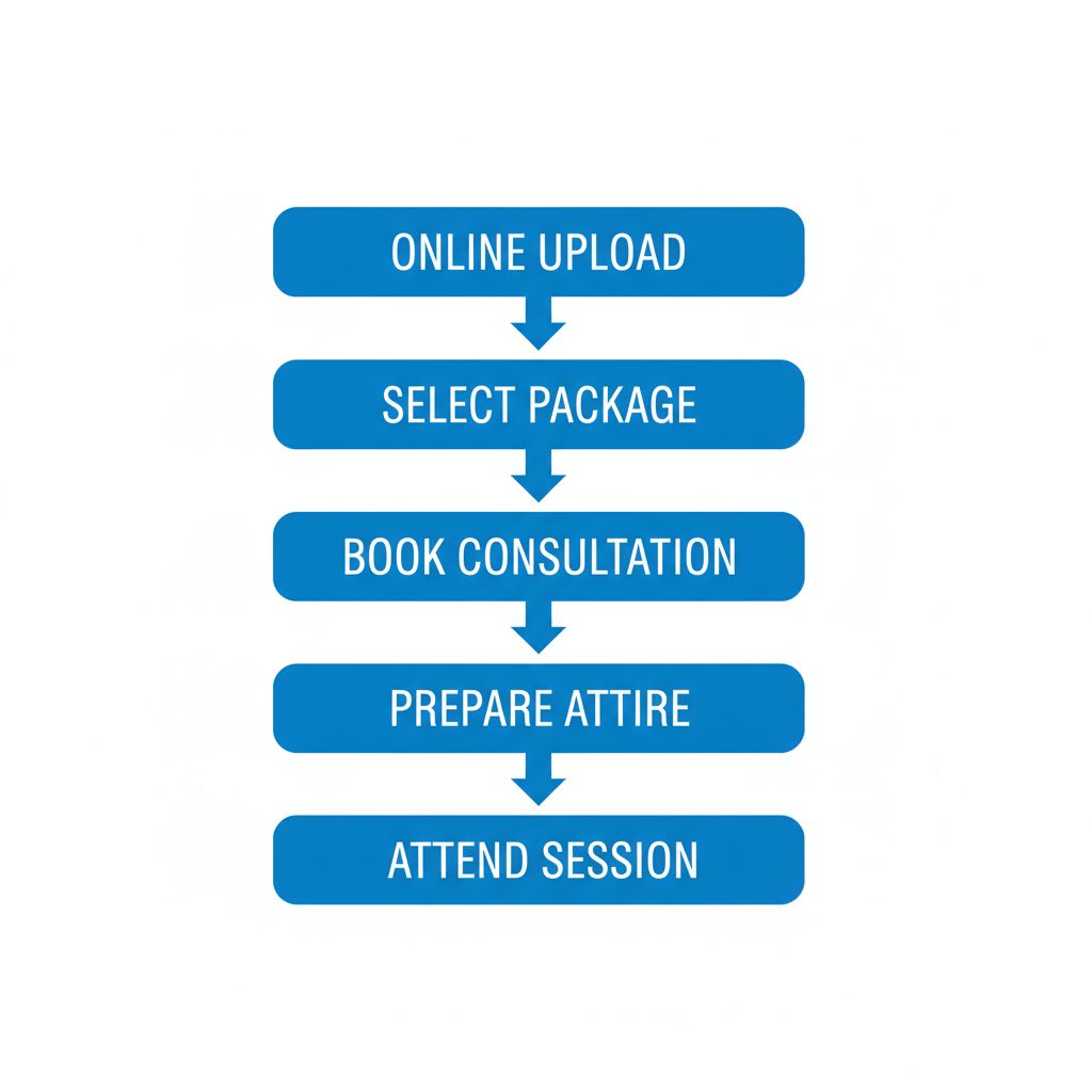 Vertical process flow diagram illustrating the five steps to book a photography session at Supreme Pictures in Mississauga