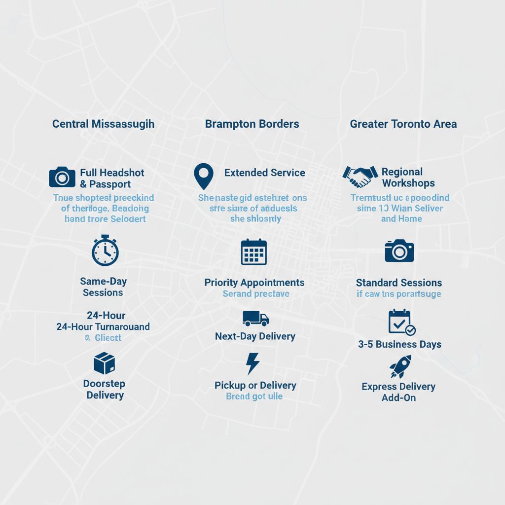 Infographic comparing photography service availability in Central Mississauga, Brampton Borders, and Greater Toronto Area with icons and map background