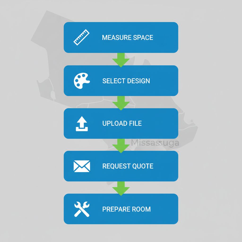 Vertical process flow diagram illustrating five steps to start a wallpaper project in Mississauga with icons.