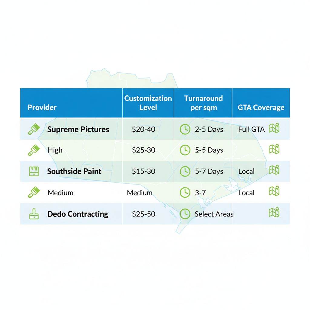 Infographic table comparing wallpaper providers in Mississauga by customization, pricing, turnaround, and coverage