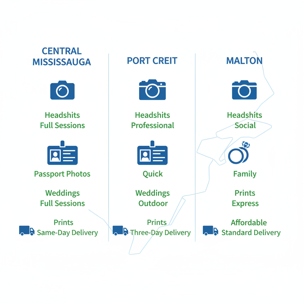 Infographic showing comparison of photography services in Central Mississauga, Port Credit, and Malton areas with icons for headshots, passport photos, weddings, and delivery options.