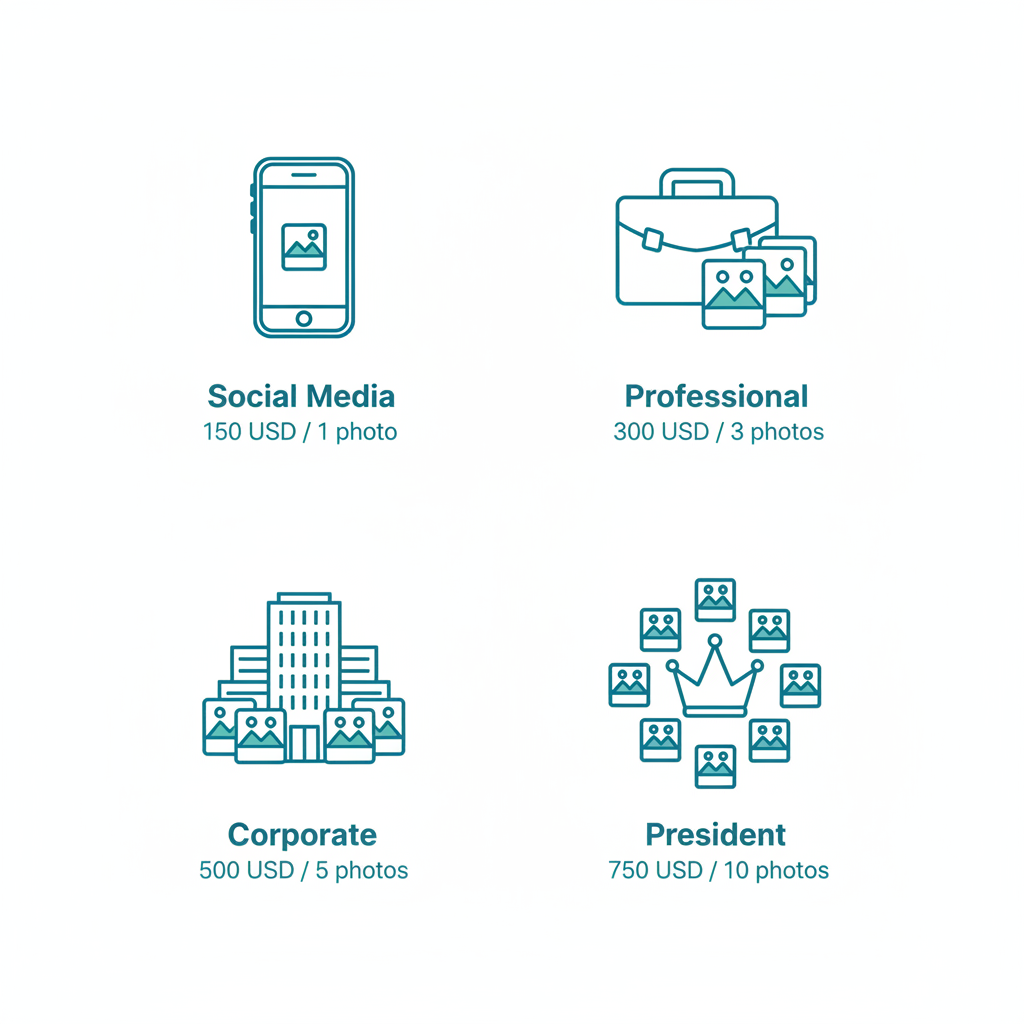 Grid of four outline icons representing headshot photography packages: Social Media, Professional, Corporate, and President options with prices and key features.