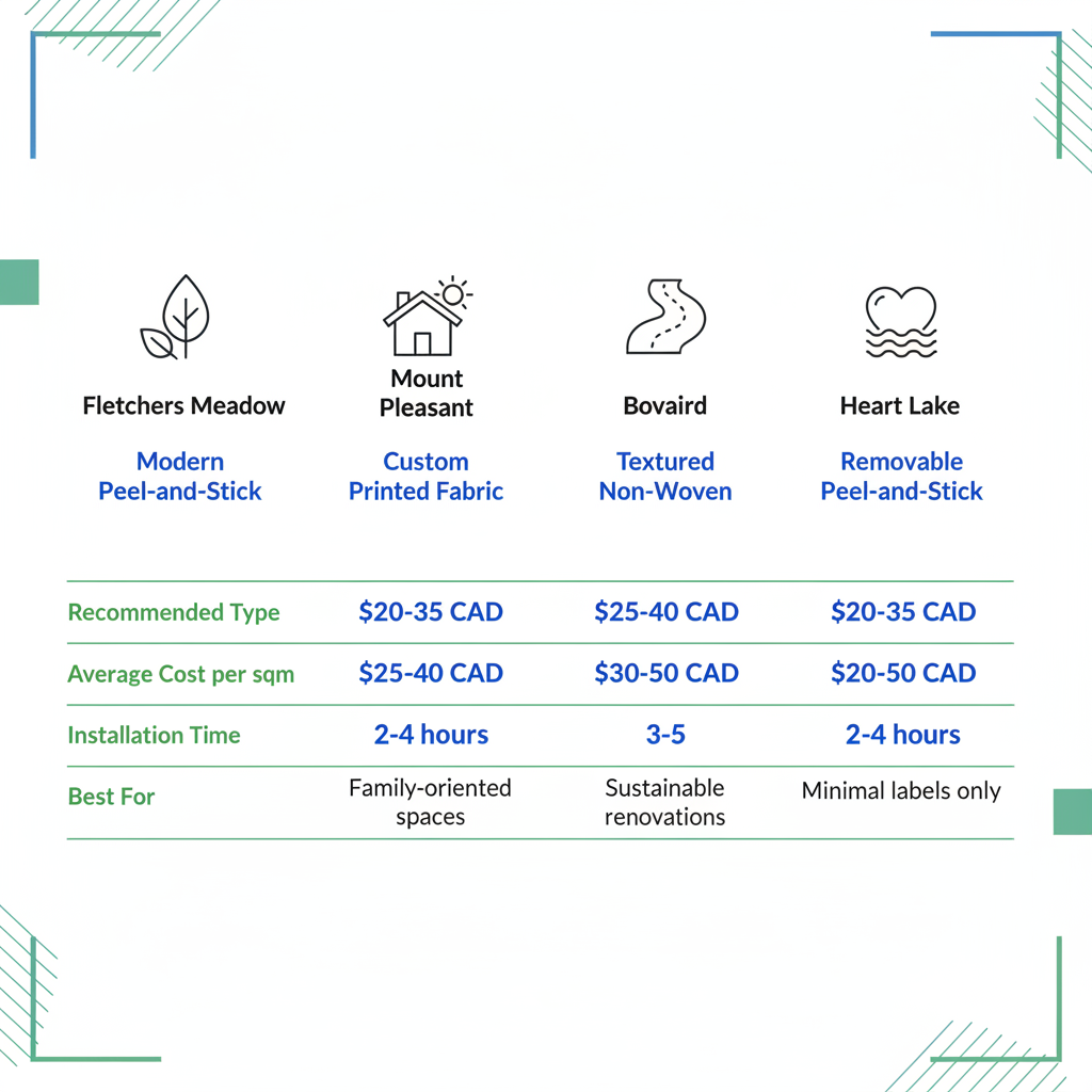 Infographic comparing wallpaper types, costs, installation times, and best uses for Brampton neighborhoods: Fletcher's Meadow, Mount Pleasant, Bovaird, and Heart Lake.