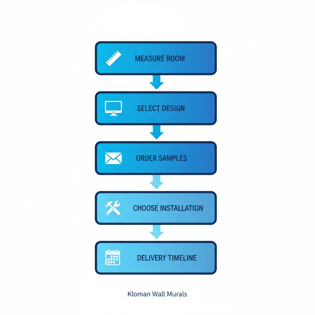 Vertical process flow diagram illustrating five stages to start a wallpaper project: measure room, select design, order samples, choose installation, and delivery timeline with icons.