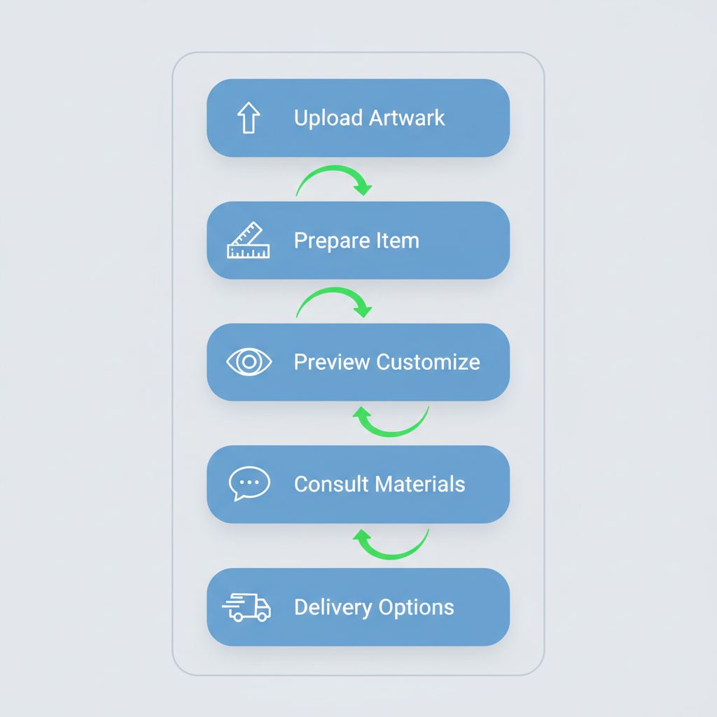 Vertical process flow diagram illustrating five steps to start custom framing: upload artwork online, prepare item, preview and customize, consult on materials, delivery options, with icons and green arrows on light gray background.