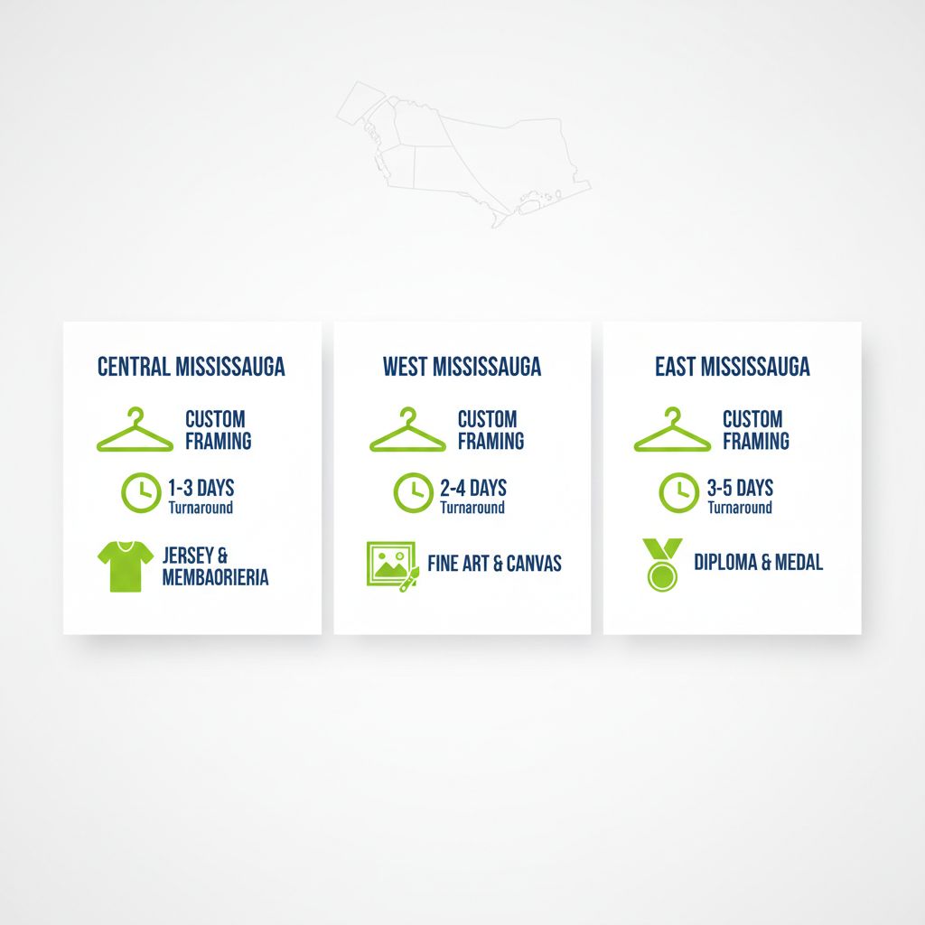 Infographic comparing framing options in Central, West, and East Mississauga with icons for availability, turnaround, and specialties