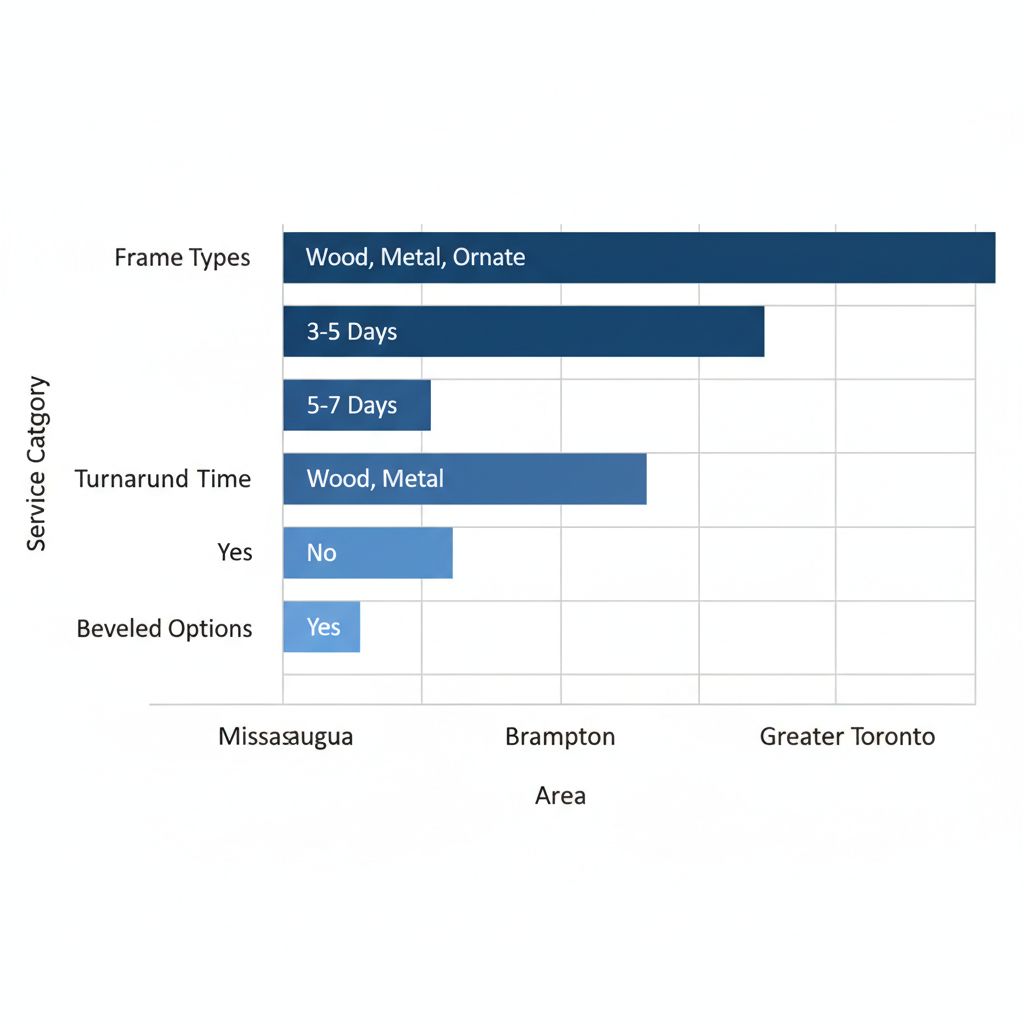 Horizontal bar chart comparing mirror framing services in Mississauga, Brampton, and Greater Toronto areas with frame types, turnaround times, and beveled options.