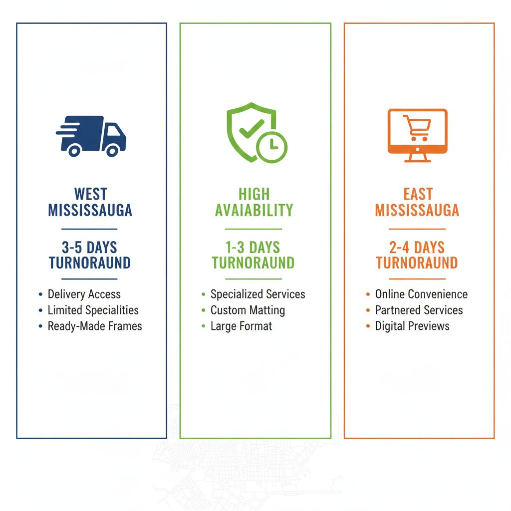 Infographic comparing custom framing services and turnaround times in Central, West, and East Mississauga neighborhoods