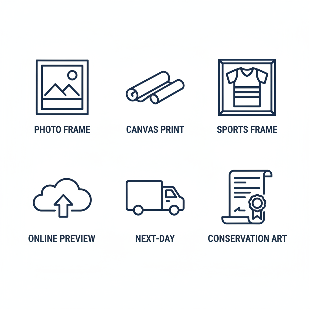 Icon grid illustrating custom framing services including photo, canvas, jersey, online preview, delivery, and conservation options.