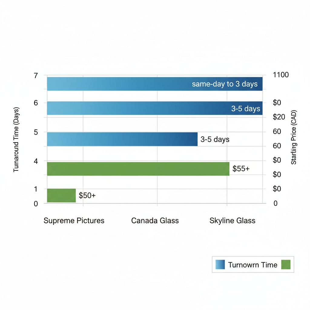 Horizontal bar chart comparing turnaround times and prices for mirror framing services by Supreme Pictures, Canada Glass, and Skyline Glass in Brampton