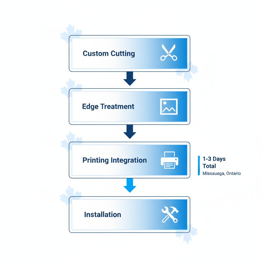 Vertical process flow diagram of mirror glass services including custom cutting, edge treatment, printing integration, and installation in Ontario.