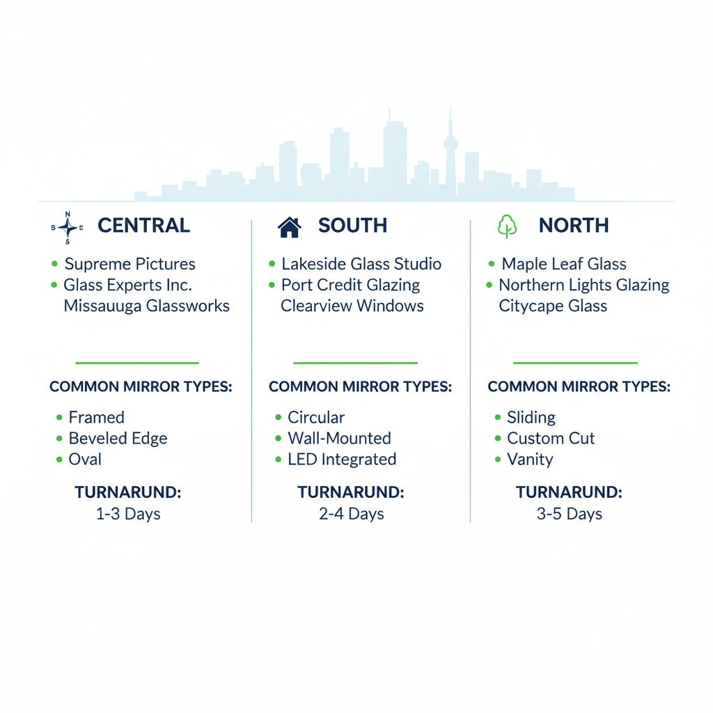 Infographic comparing mirror glass suppliers across Central, South, and North Mississauga neighborhoods with maps, types, and turnaround times.