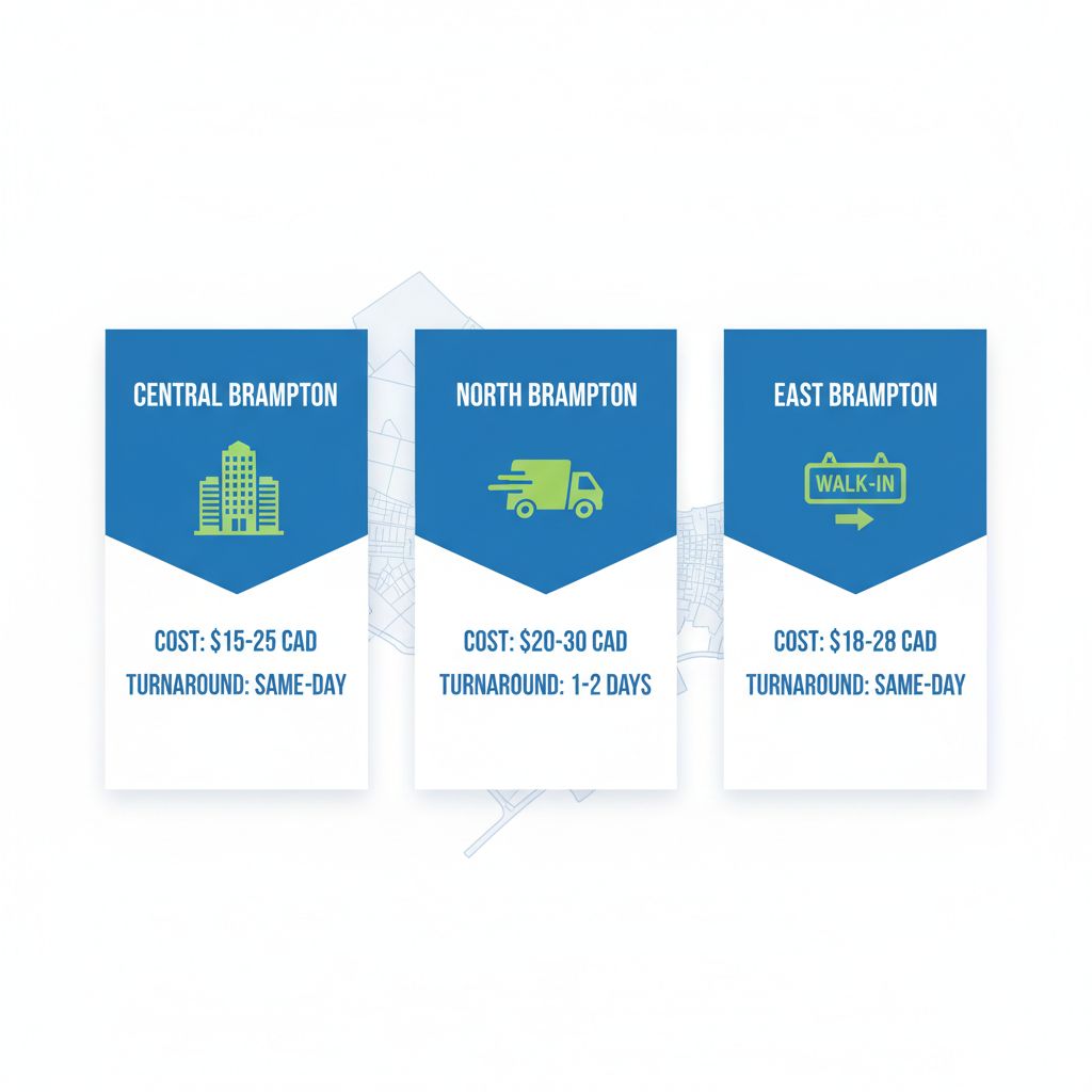 Infographic comparing passport photo services in Central, North, and East Brampton, including costs and turnaround times with icons.