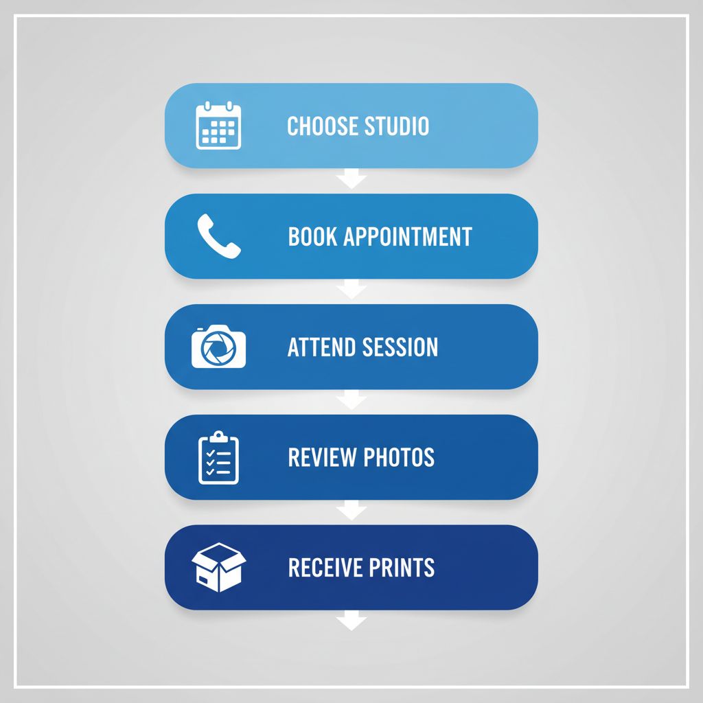 Vertical process flow illustrating the five steps to obtain passport photos at Supreme Pictures in Brampton, from choosing the studio to receiving prints.