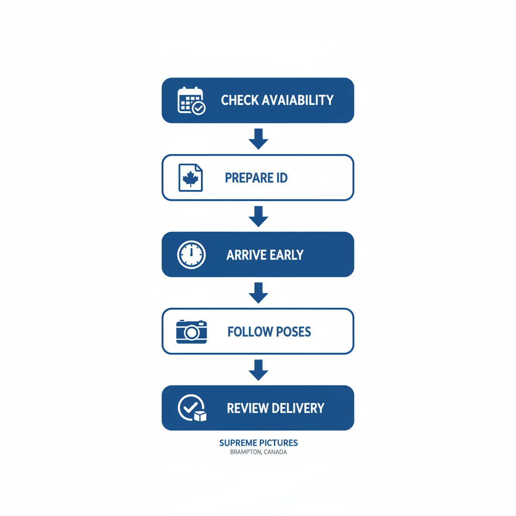 Vertical flowchart showing five steps to get passport photos in Brampton: check availability, prepare ID, arrive early, follow poses, and review delivery options.