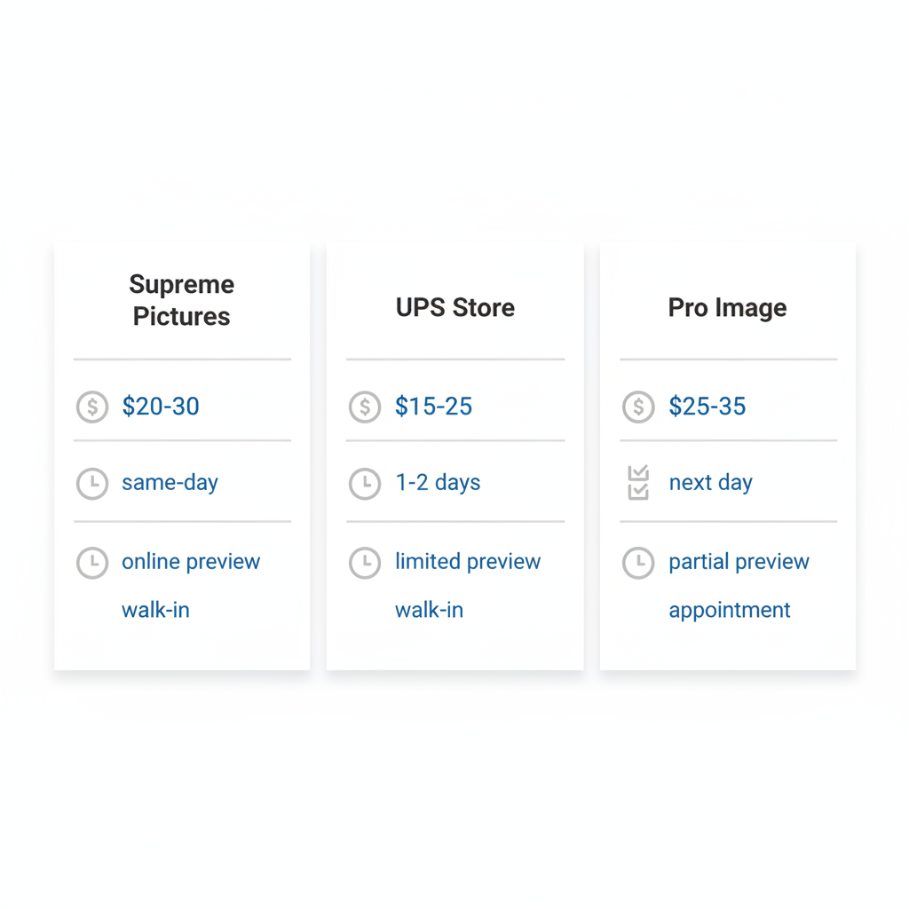 Infographic comparing passport photo services in Brampton area including costs, turnaround times, and features for Supreme Pictures, UPS Store, and Pro Image.