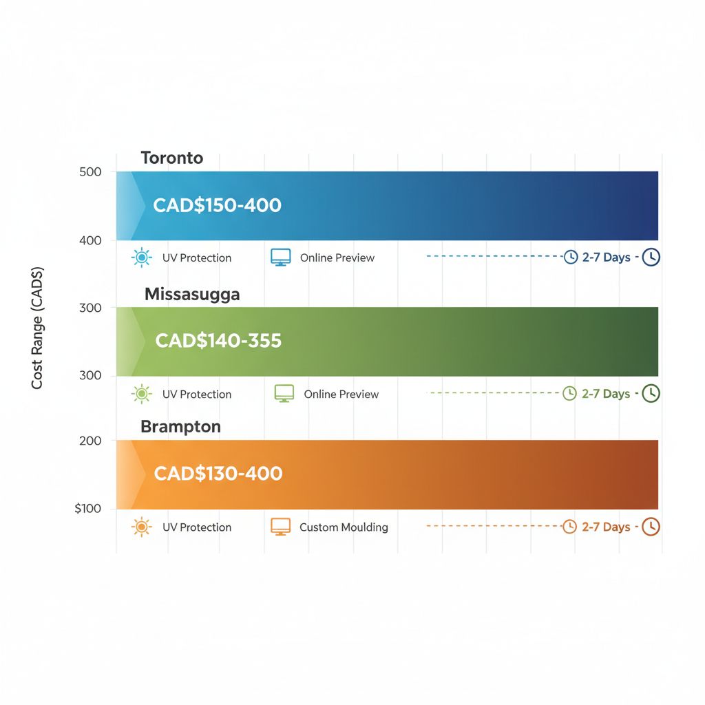 Horizontal bar chart comparing jersey framing costs and turnaround times in Toronto, Mississauga, and Brampton GTA areas