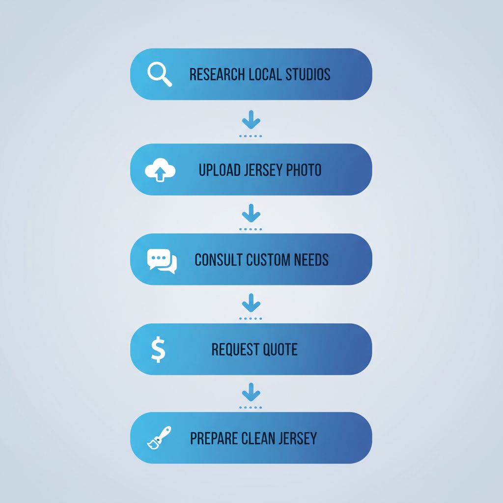 Vertical process flow diagram illustrating five steps to frame a sports jersey: research studios, upload photo, consultation, request quote, prepare jersey.