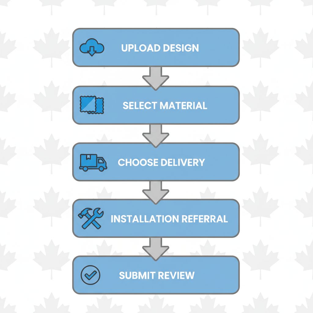 Vertical process flow diagram illustrating five steps for ordering custom wallpaper online in Mississauga with icons and labels.