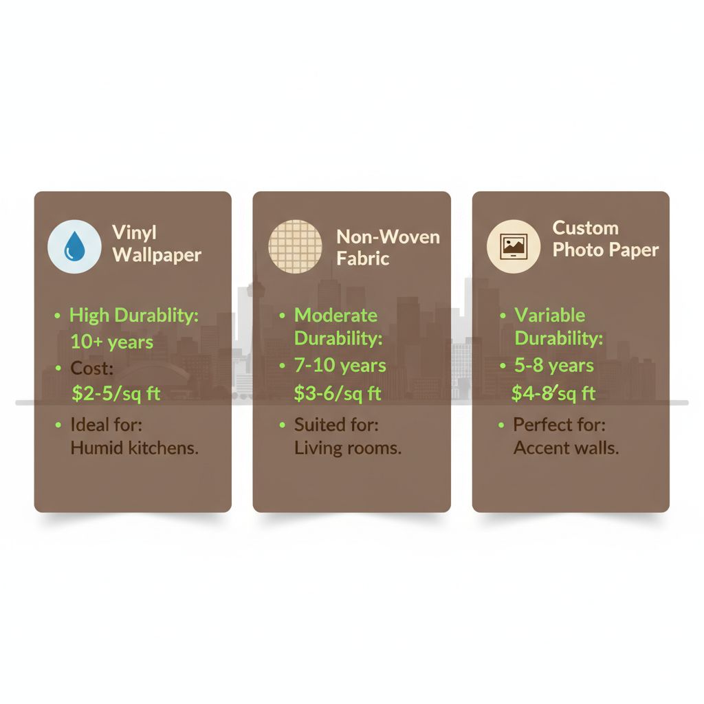 Infographic comparing vinyl, non-woven, and custom photo wallpaper materials for Mississauga homes, highlighting durability, cost, and ideal uses.