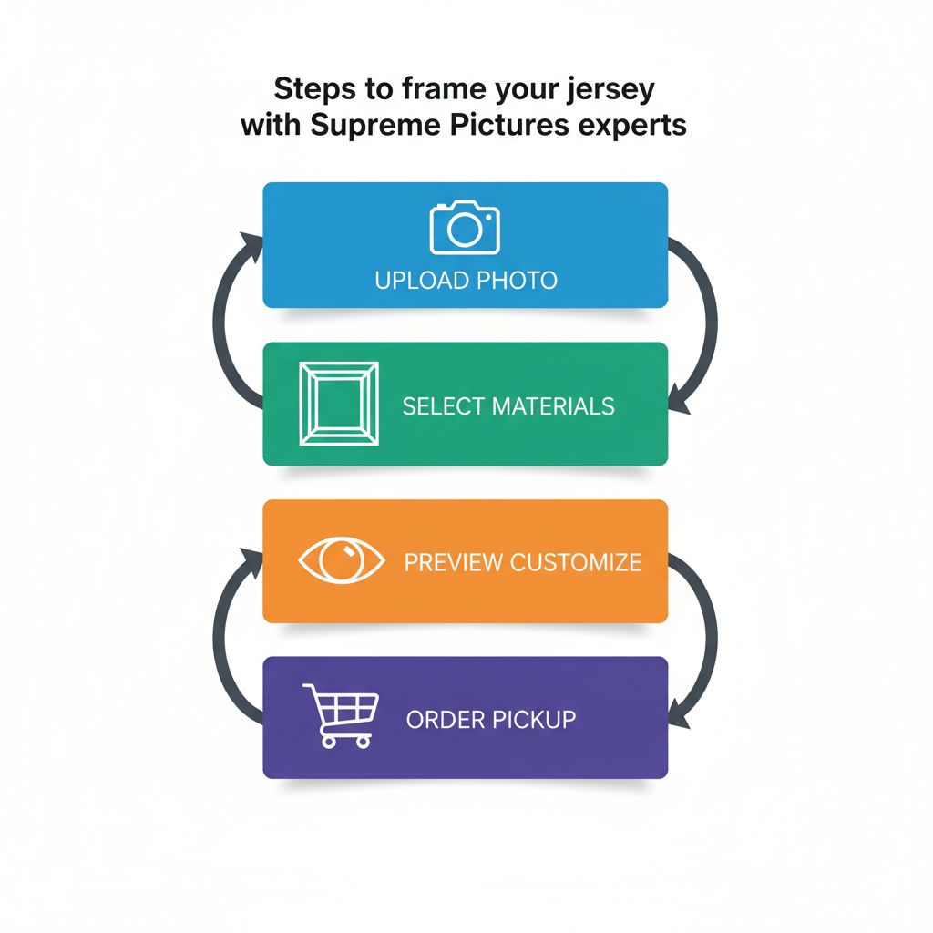 Vertical process flow diagram showing four steps to frame a sports jersey: upload photo online, select style and materials, preview and customize, order and pickup.
