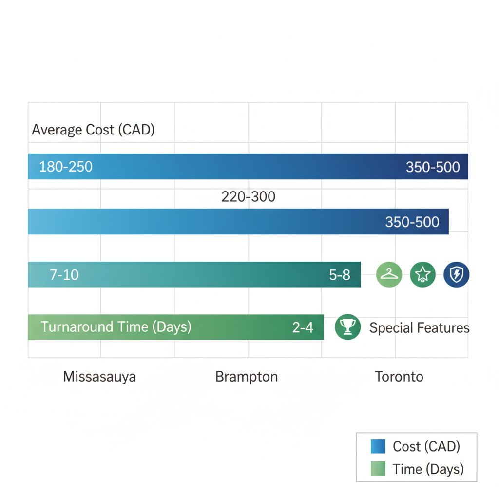 Horizontal bar chart comparing average costs and turnaround times for jersey framing in Mississauga, Brampton, and Toronto GTA areas