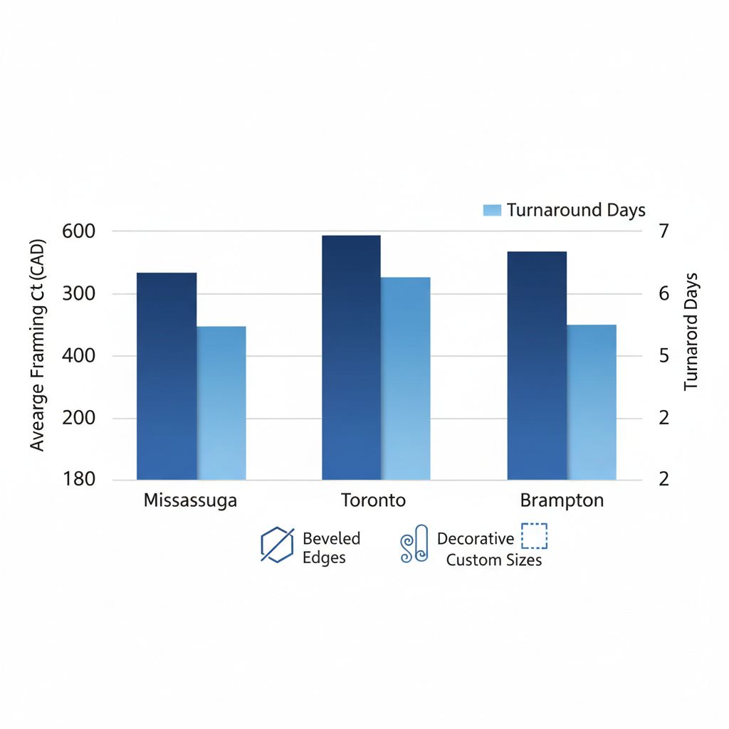 Horizontal bar chart comparing mirror framing costs and turnaround times in Mississauga, Toronto, and Brampton GTA areas