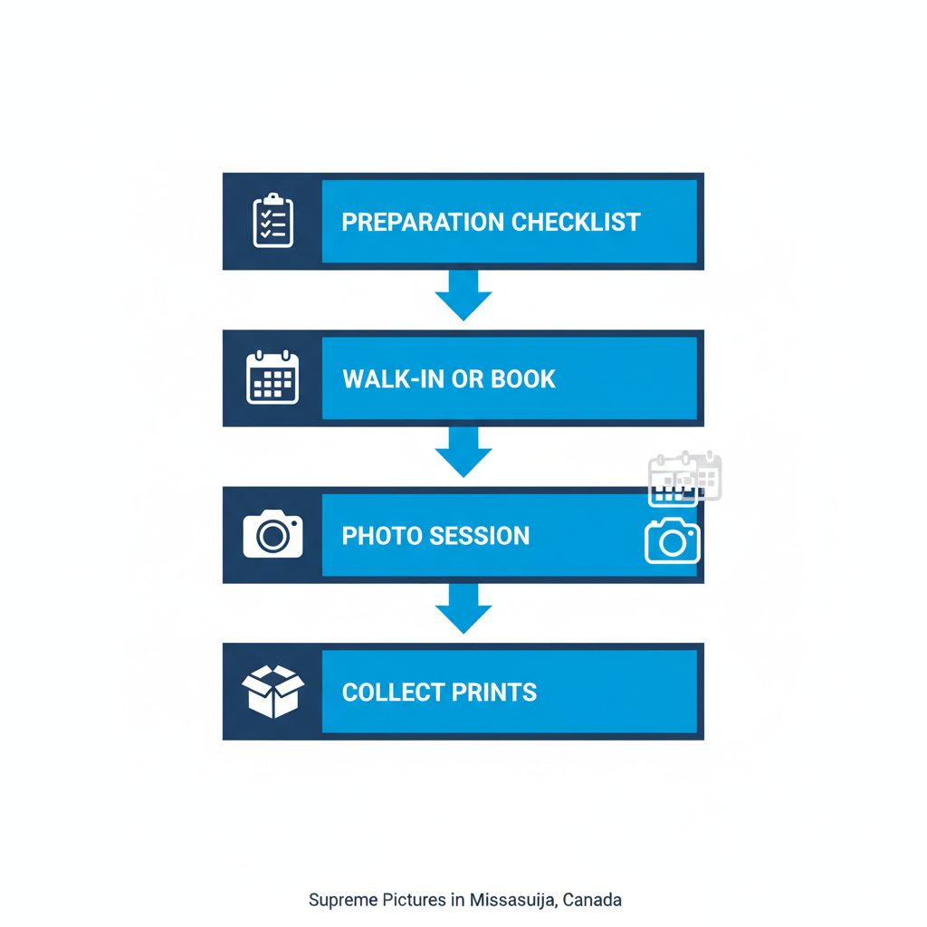 Vertical process flow illustrating the steps for obtaining passport photos at Supreme Pictures in Mississauga, including preparation, booking, session, and collection.