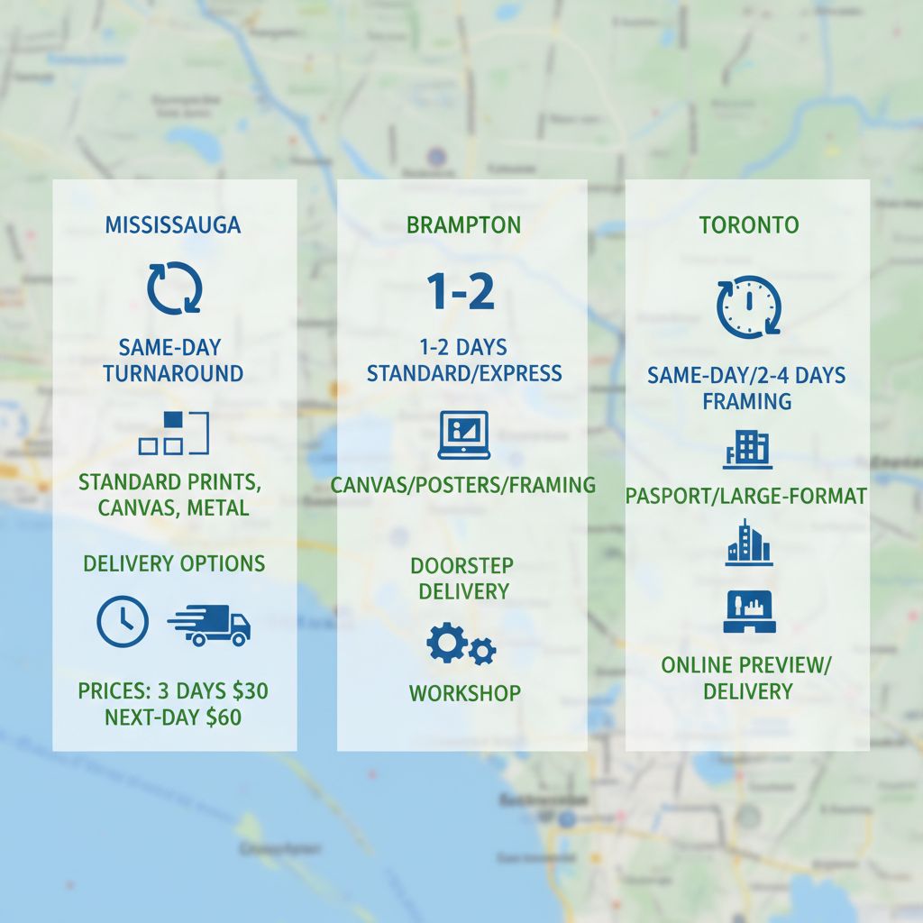 Infographic comparing photo printing services in Mississauga, Brampton, and Toronto areas of GTA