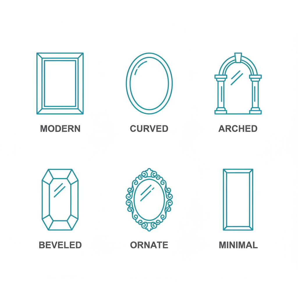 Grid of six icons depicting various custom mirror shapes and styles including rectangular, oval, arched, beveled, antique, and modern designs.