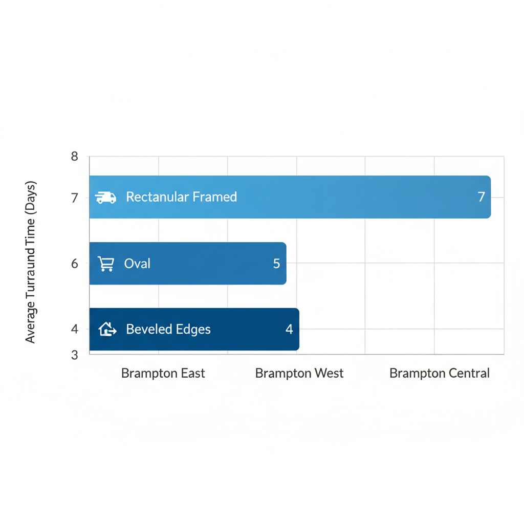 Horizontal bar chart comparing average turnaround times for custom mirror services in Brampton East, West, and Central neighborhoods, with style labels and delivery icons