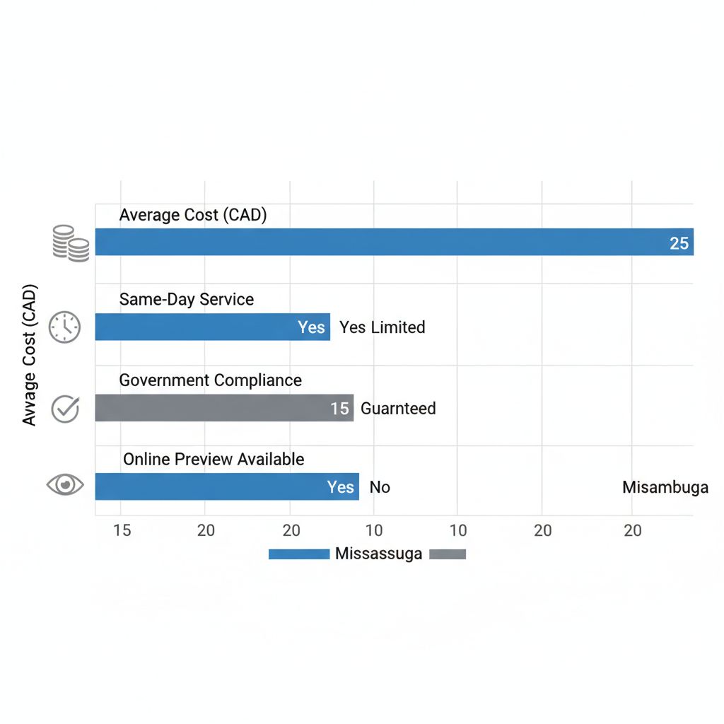 Horizontal bar chart comparing passport photo services in Brampton and Mississauga across cost, same-day availability, compliance, and online preview options.
