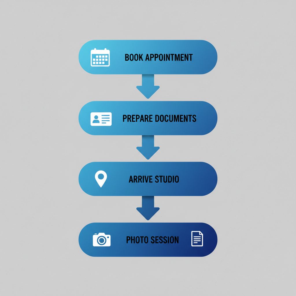 Vertical process flow diagram illustrating steps for obtaining passport photos in Brampton