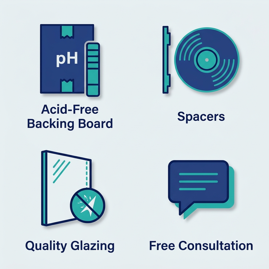 Set of four icons representing vinyl record framing components: acid-free backing board, spacers, quality glazing, and free consultation, arranged in a square grid.